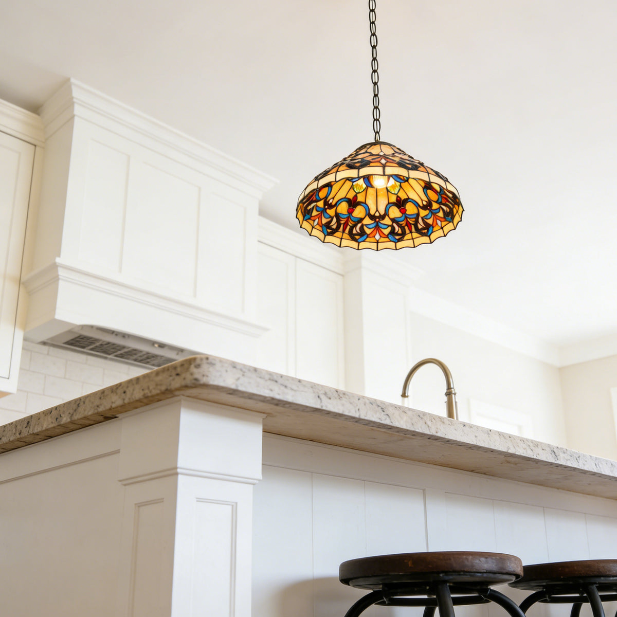 Colorful Scroll Stained Glass Pendant Light - Antique Bronze Adjustable 1-Light E26 Lamp Bulb Not Included