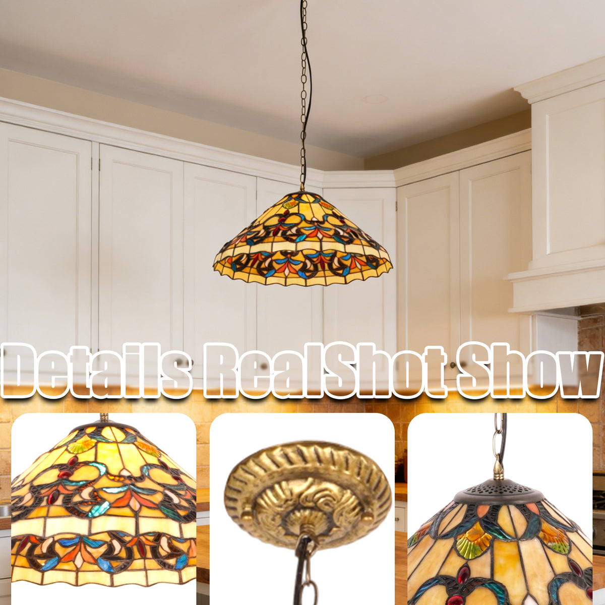 Colorful Scroll Stained Glass Pendant Light - Antique Bronze Adjustable 1-Light E26 Lamp Bulb Not Included