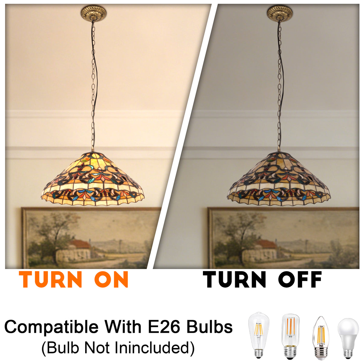 Colorful Scroll Stained Glass Pendant Light - Antique Bronze Adjustable 1-Light E26 Lamp Bulb Not Included