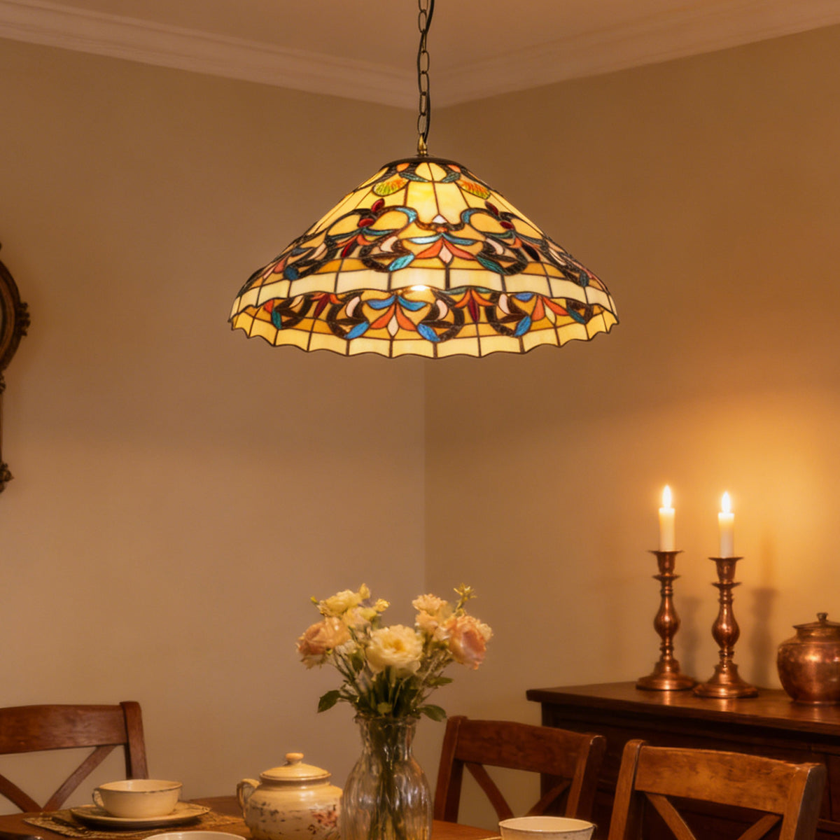 Colorful Scroll Stained Glass Pendant Light - Antique Bronze Adjustable 1-Light E26 Lamp Bulb Not Included