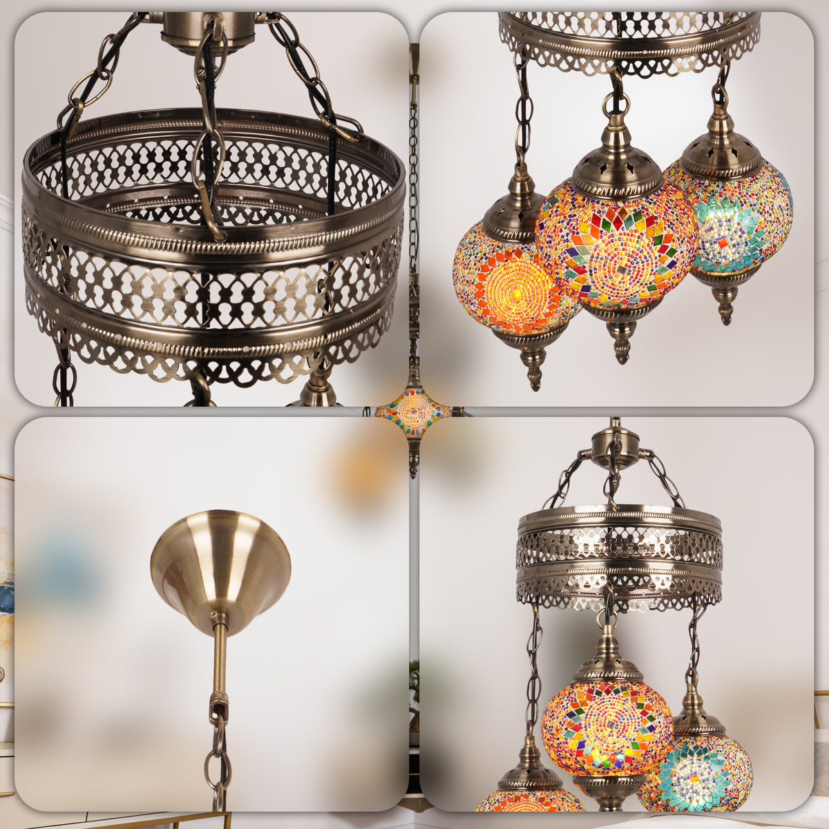 Turkish Mosaic 3-Light Chandelier - Antique Bronze Adjustable Pendant Lamp Includes Warm Light Bulbs, Bohemian Style