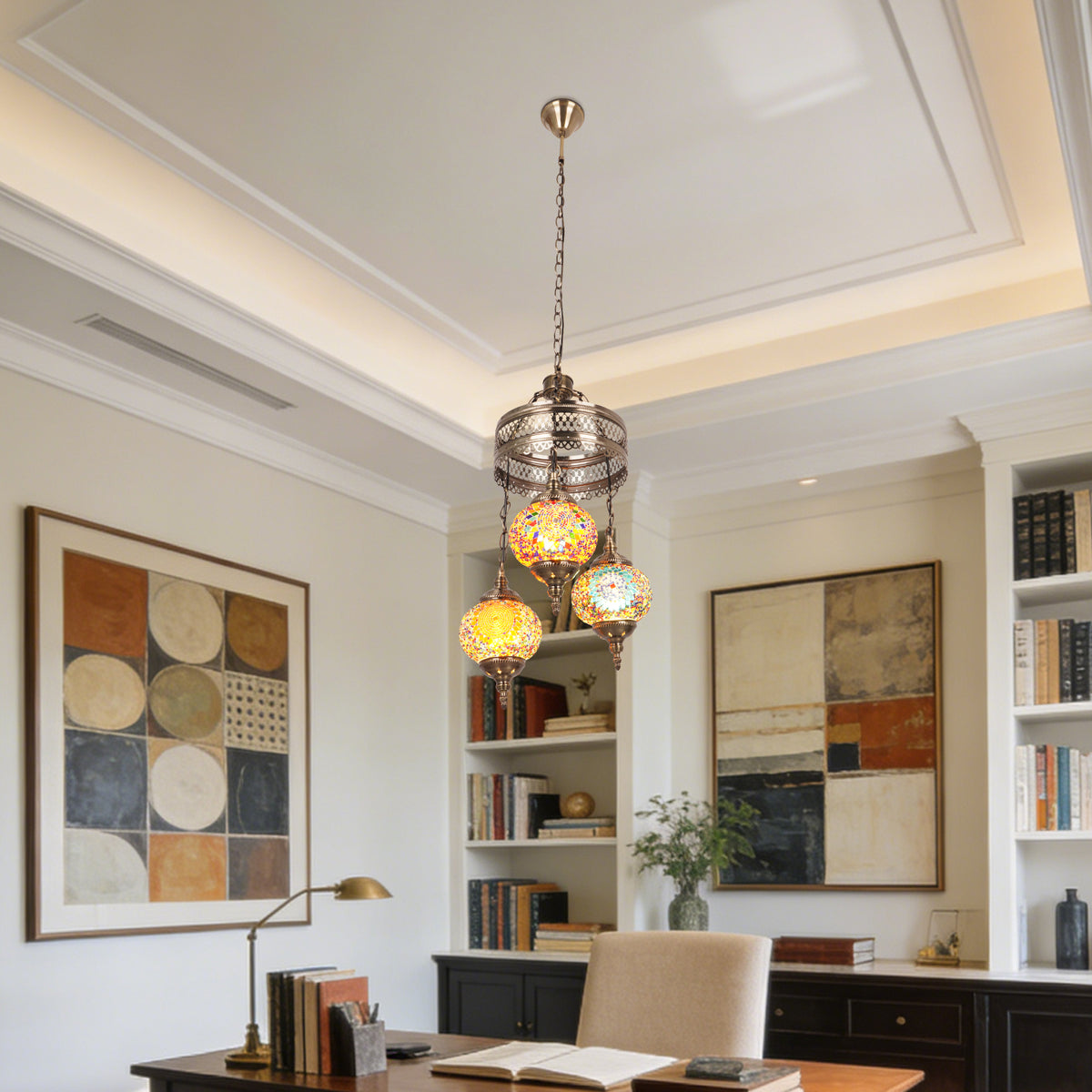 Turkish Mosaic 3-Light Chandelier - Antique Bronze Adjustable Pendant Lamp Includes Warm Light Bulbs, Bohemian Style