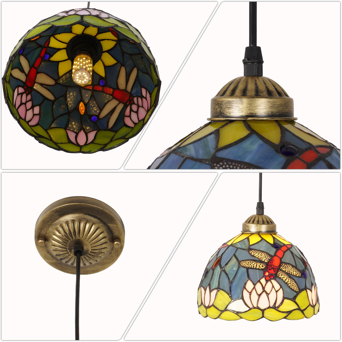 Vintage Stained Glass Lotus Dragonfly Pendant Light - Tiffany Style Mini Ceiling Lamp