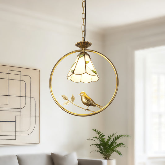 Vintage Handcrafted Stained Glass Pendant Light | Bird Decor Adjustable Height Hanging Light
