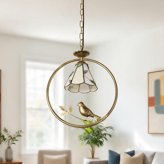 Vintage Handcrafted Stained Glass Pendant Light | Bird Decor Adjustable Height Hanging Light