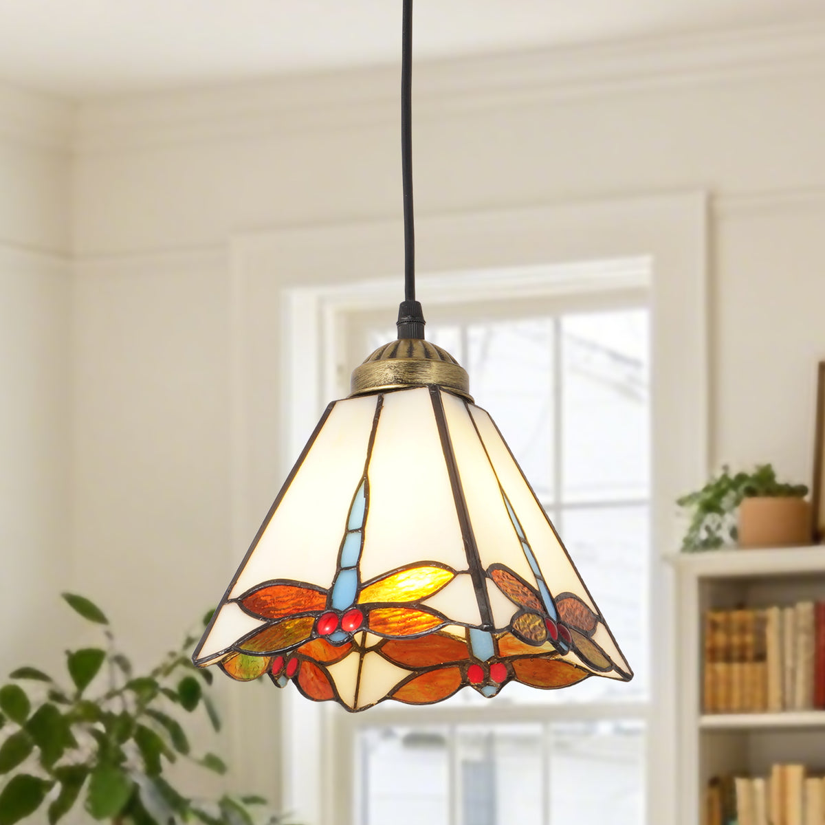 Vintage Handcrafted Stained Glass Pendant Light | Dragonfly Pattern Adjustable Hanging Lamp