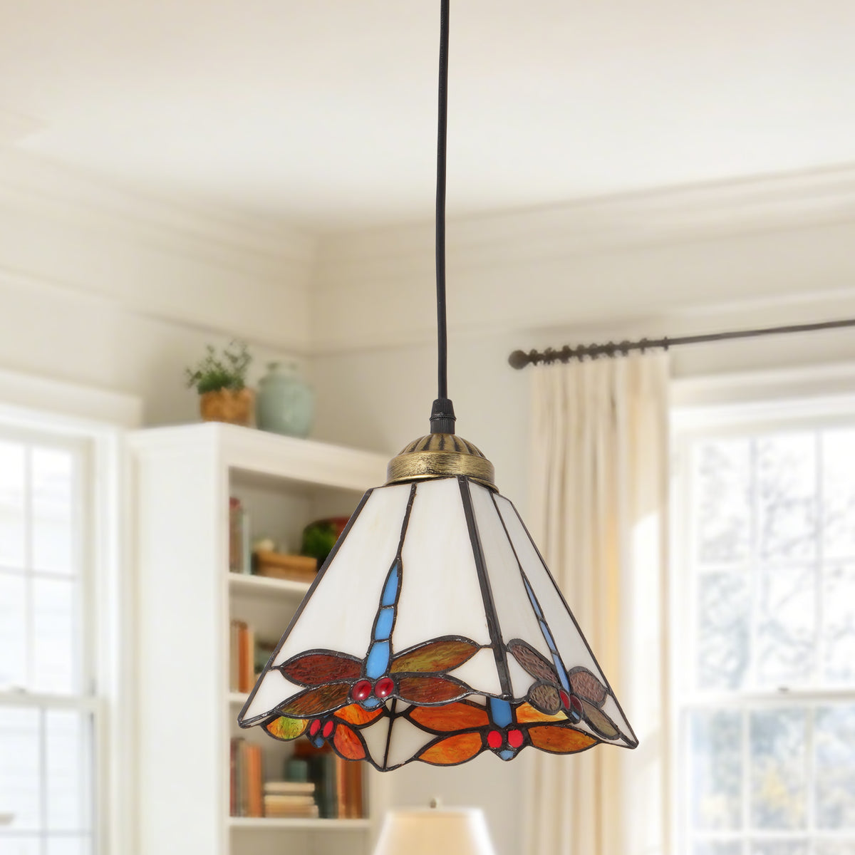 Vintage Handcrafted Stained Glass Pendant Light | Dragonfly Pattern Adjustable Hanging Lamp