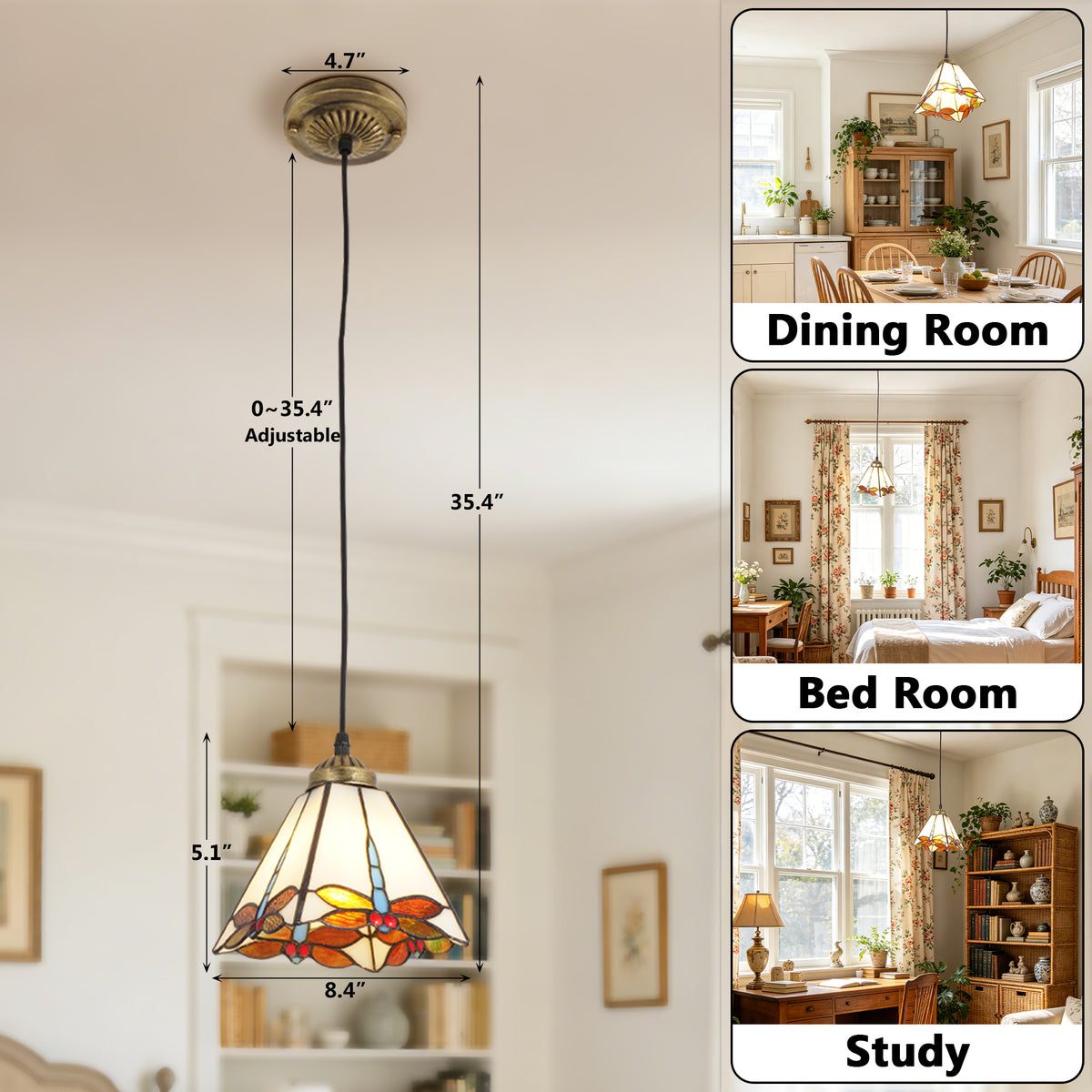 Vintage Handcrafted Stained Glass Pendant Light | Dragonfly Pattern Adjustable Hanging Lamp
