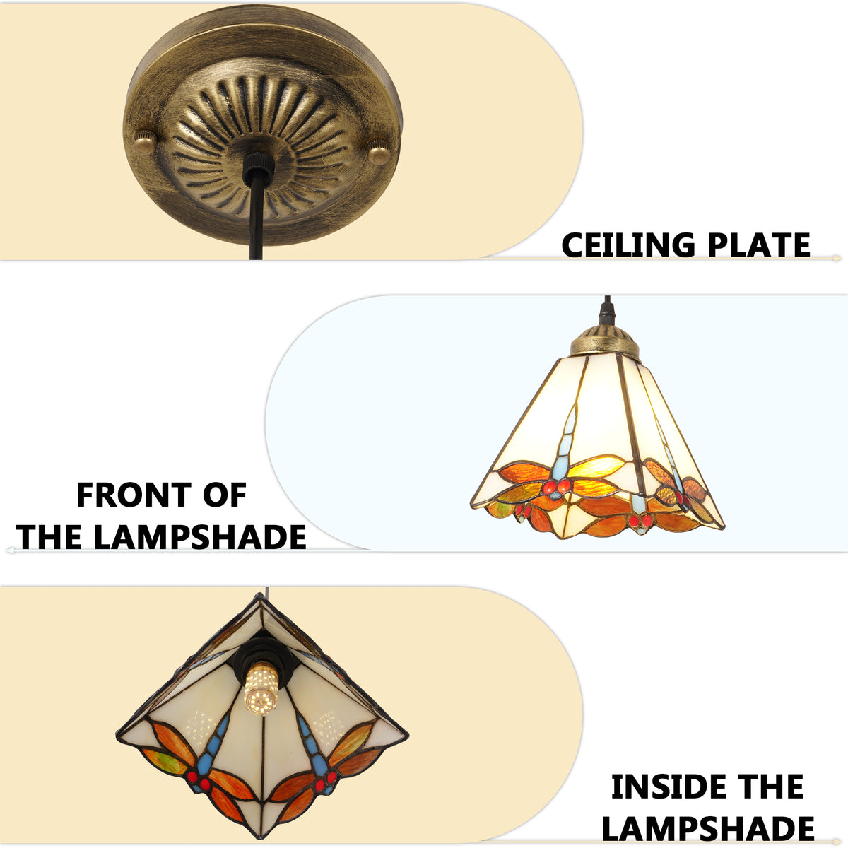Vintage Handcrafted Stained Glass Pendant Light | Dragonfly Pattern Adjustable Hanging Lamp