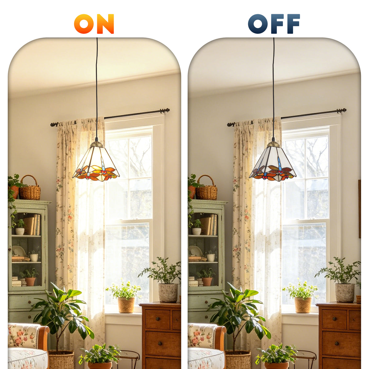 Vintage Handcrafted Stained Glass Pendant Light | Dragonfly Pattern Adjustable Hanging Lamp