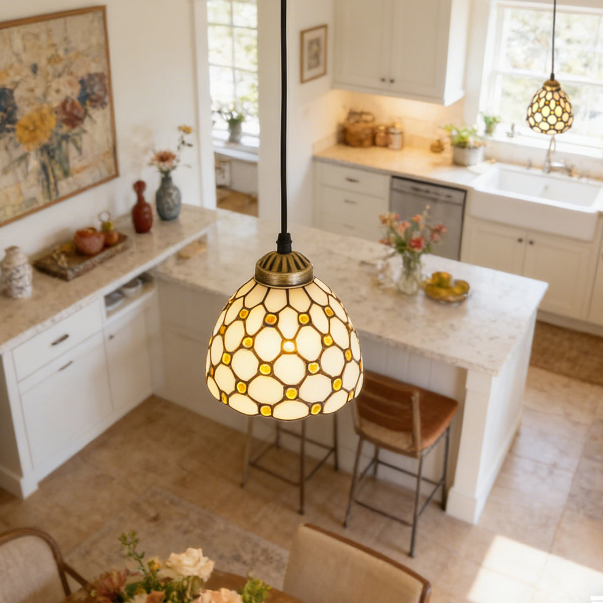Vintage Stained Glass Honeycomb Pendant Light - Tiffany Style