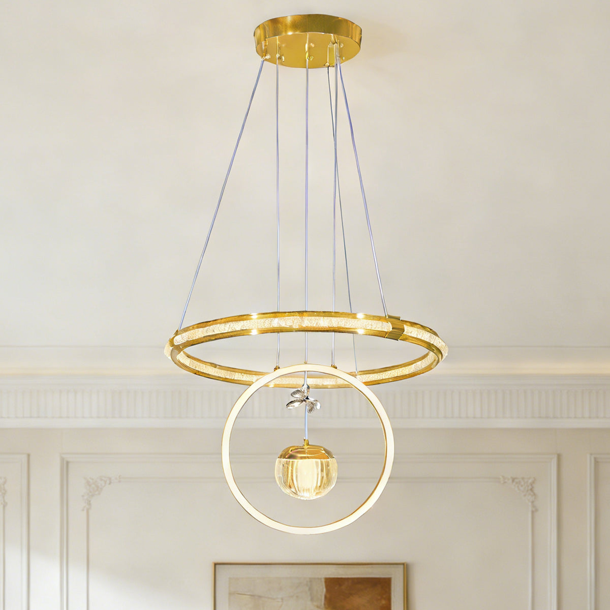 Modern Luxury Gold Double Ring Crystal Pendant Light - 3-Color Dimmable LED Chandelier