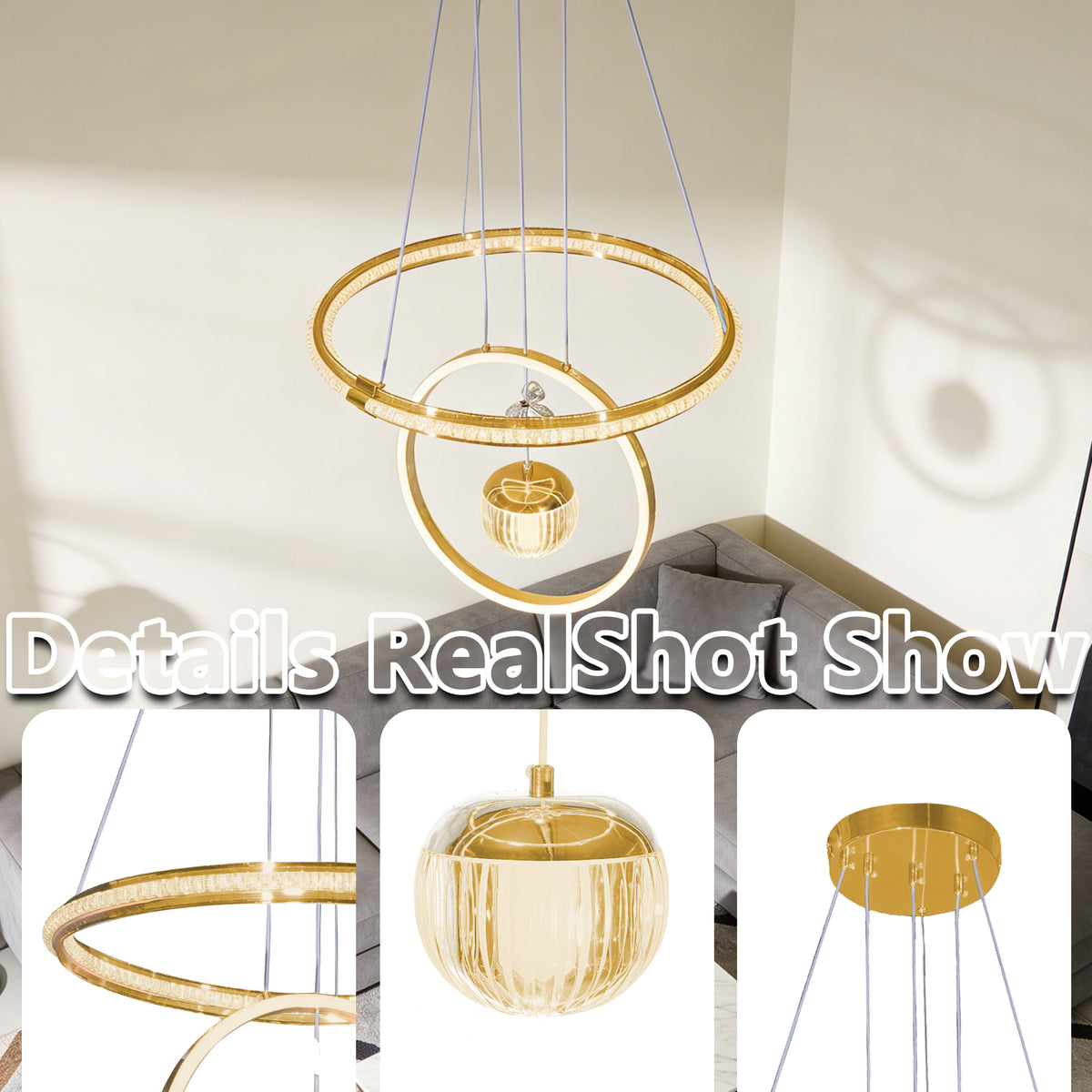 Modern Luxury Gold Double Ring Crystal Pendant Light - 3-Color Dimmable LED Chandelier