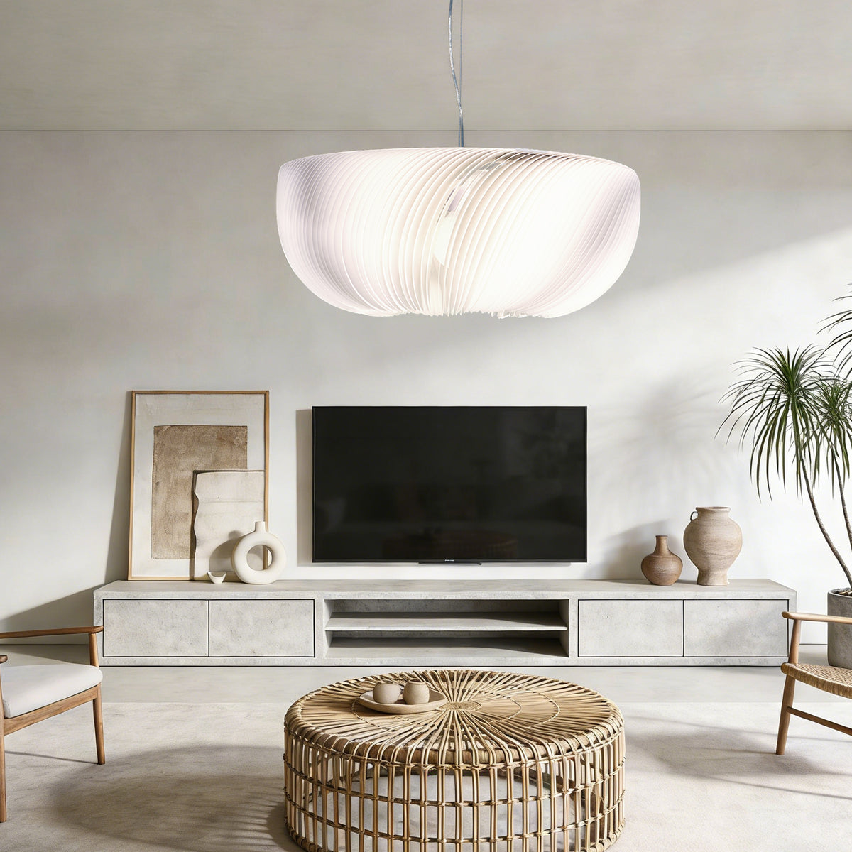 Modern White Ribbed Pendant Light - 3-Color Dimmable LED Chandelier Adjustable Height, Minimalist Style