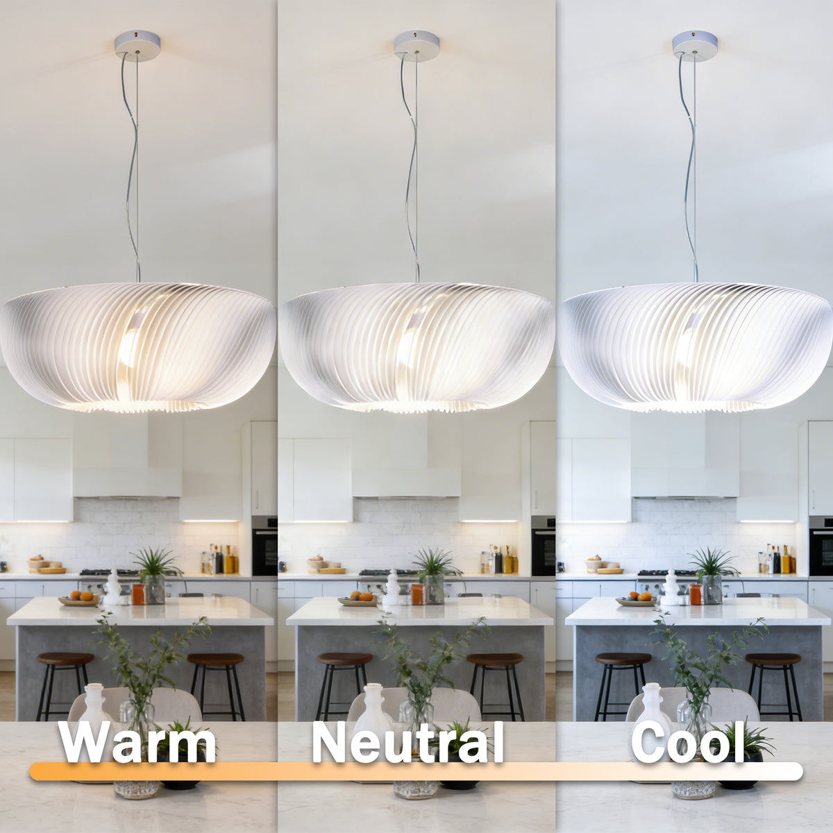 Modern White Ribbed Pendant Light - 3-Color Dimmable LED Chandelier Adjustable Height, Minimalist Style