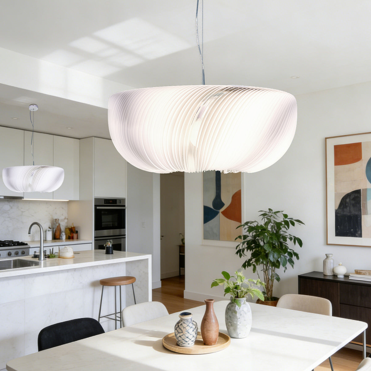 Modern White Ribbed Pendant Light - 3-Color Dimmable LED Chandelier Adjustable Height, Minimalist Style