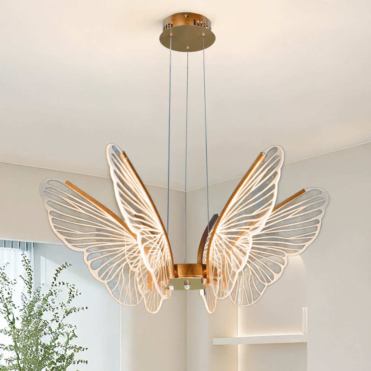 Dimmable 3-Color LED Butterfly Chandelier | Modern Gold Adjustable Height Pendant Light