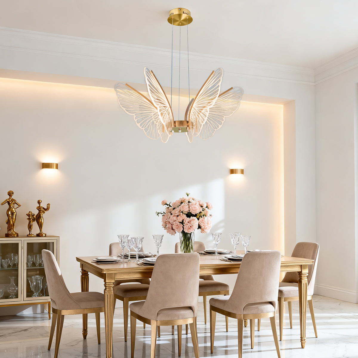 Dimmable 3-Color LED Butterfly Chandelier | Modern Gold Adjustable Height Pendant Light