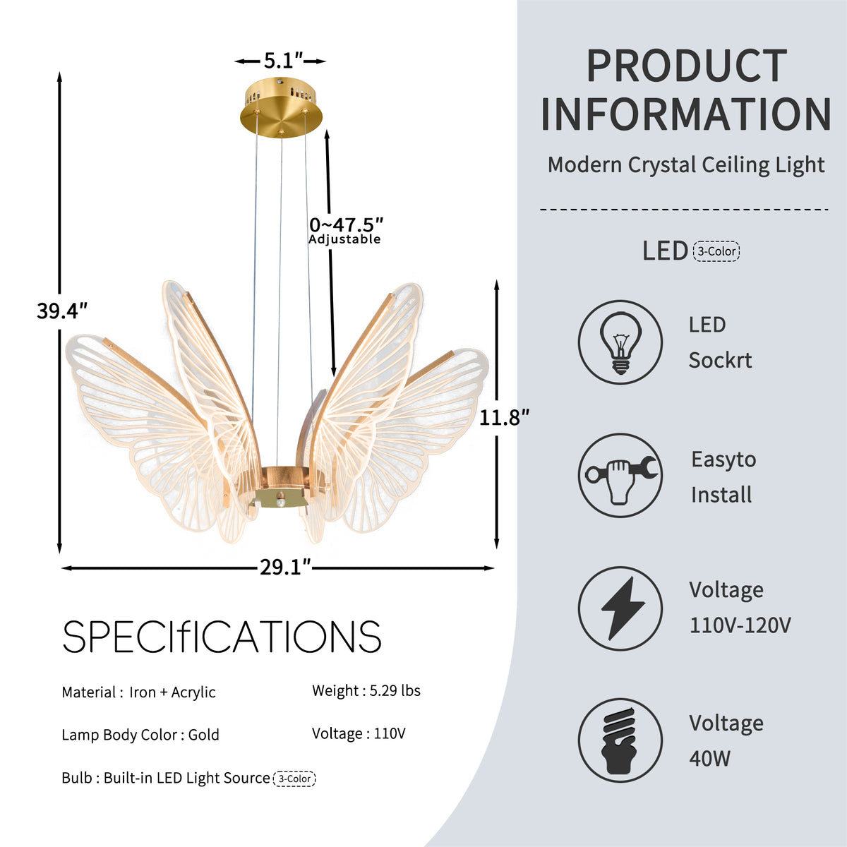 Dimmable 3-Color LED Butterfly Chandelier | Modern Gold Adjustable Height Pendant Light