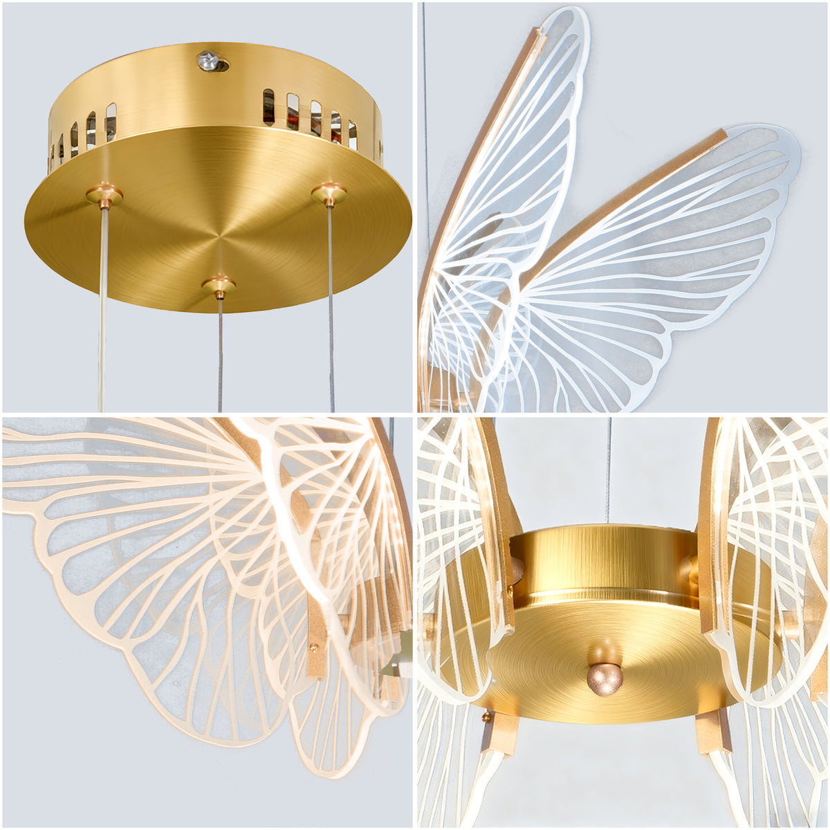 Dimmable 3-Color LED Butterfly Chandelier | Modern Gold Adjustable Height Pendant Light