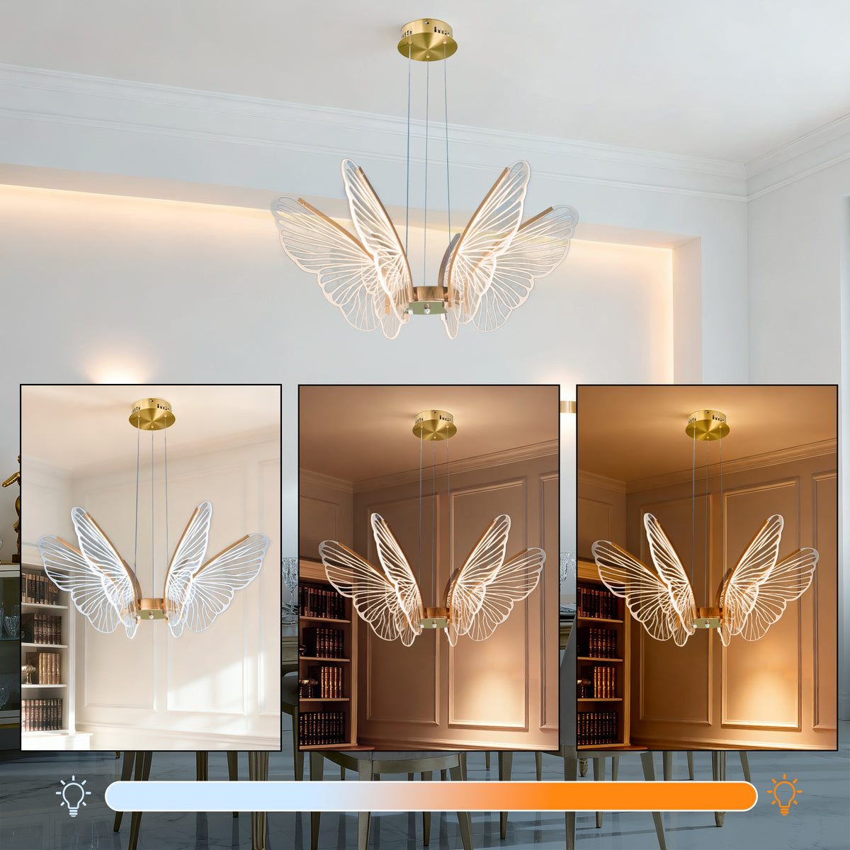 Dimmable 3-Color LED Butterfly Chandelier | Modern Gold Adjustable Height Pendant Light