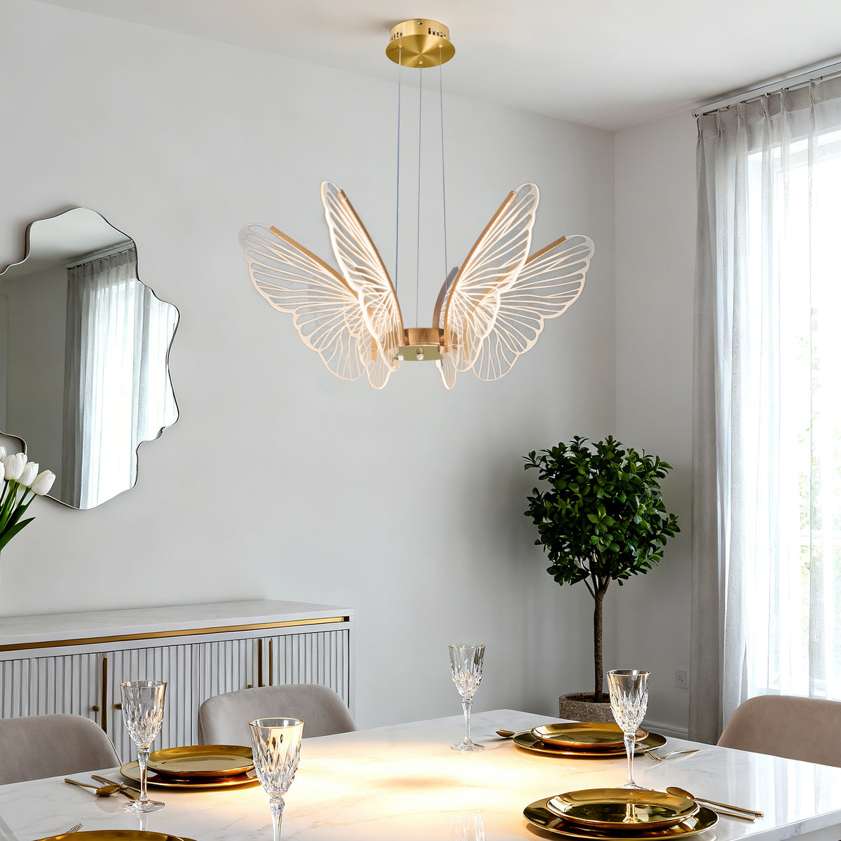 Dimmable 3-Color LED Butterfly Chandelier | Modern Gold Adjustable Height Pendant Light