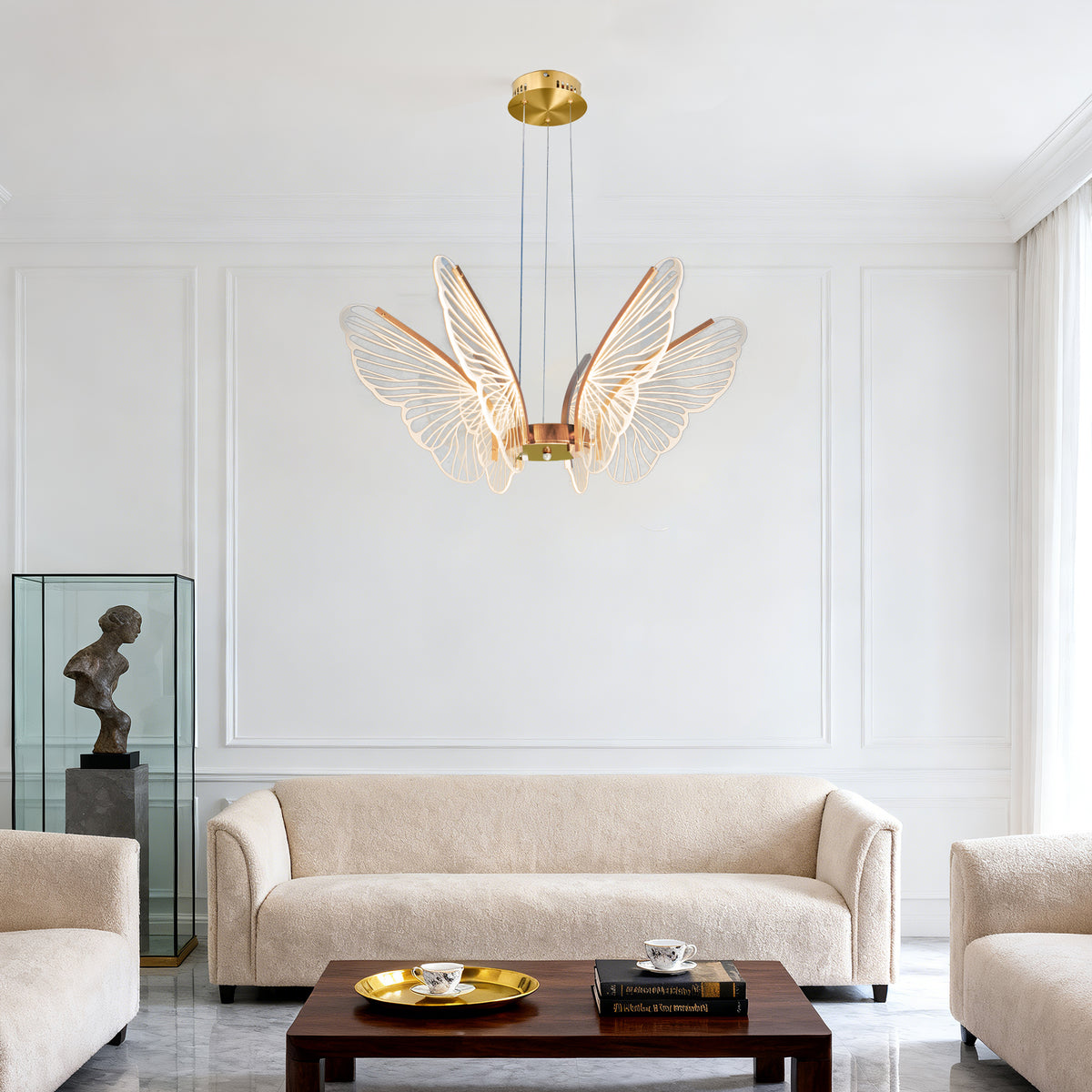 Dimmable 3-Color LED Butterfly Chandelier | Modern Gold Adjustable Height Pendant Light