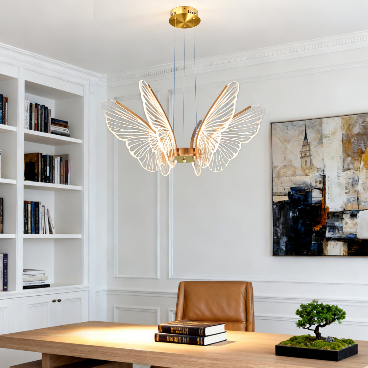 Dimmable 3-Color LED Butterfly Chandelier | Modern Gold Adjustable Height Pendant Light