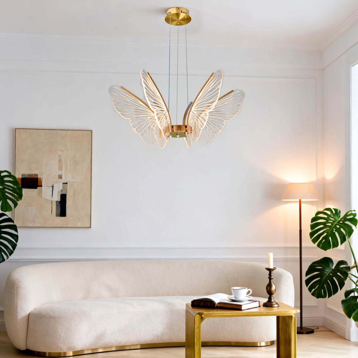 Dimmable 3-Color LED Butterfly Chandelier | Modern Gold Adjustable Height Pendant Light