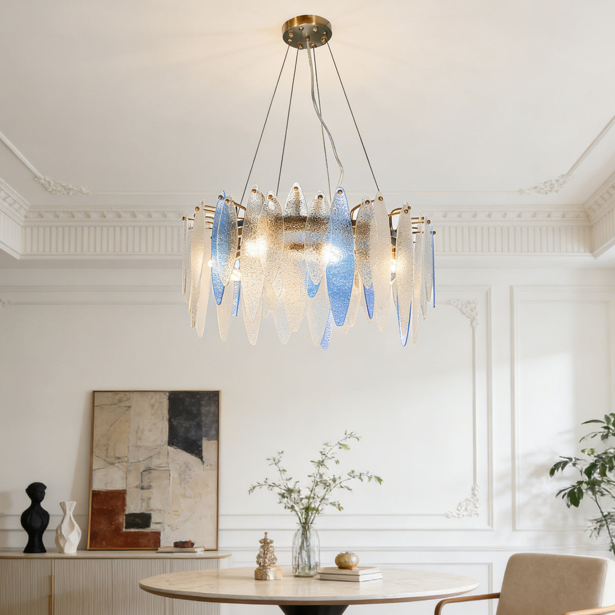 Modern Luxury Blue Gradient Glass Leaf Chandelier - 3-Color Dimmable E14 Pendant Light Gold Frame, Adjustable Height