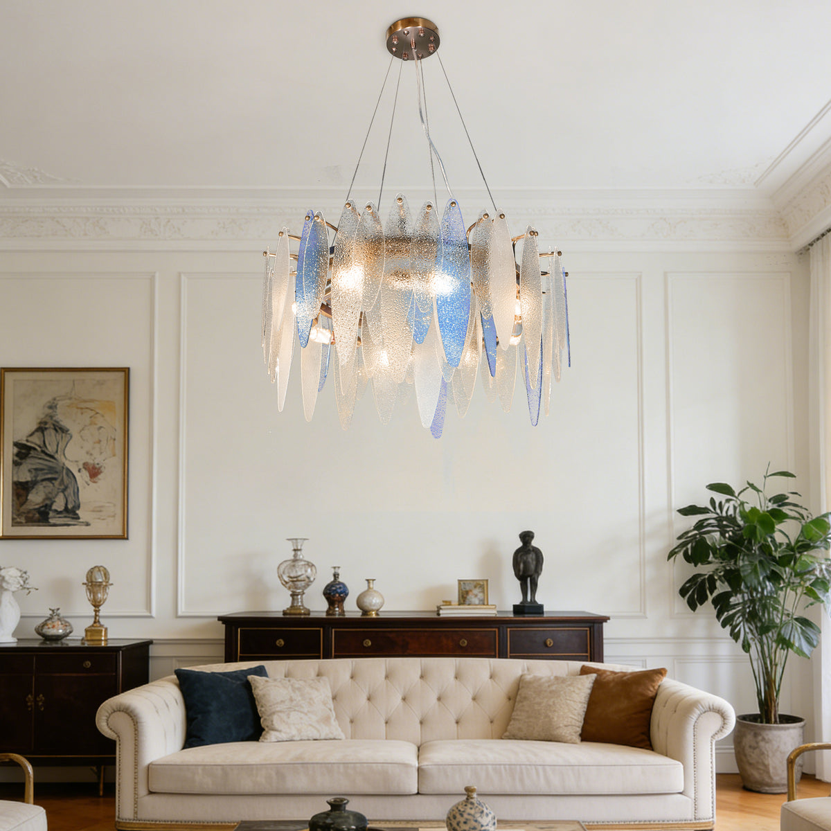 Modern Luxury Blue Gradient Glass Leaf Chandelier - 3-Color Dimmable E14 Pendant Light Gold Frame, Adjustable Height