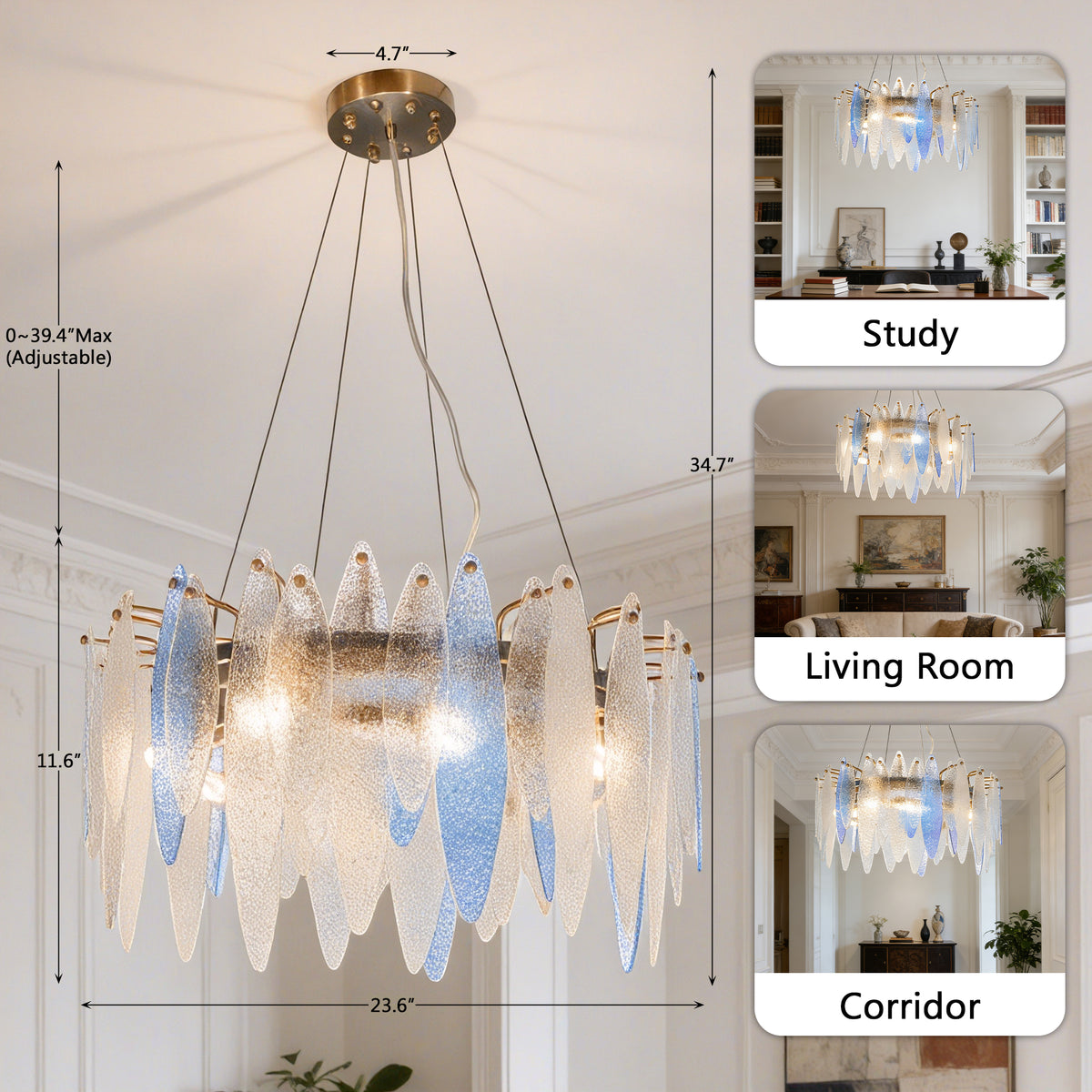 Modern Luxury Blue Gradient Glass Leaf Chandelier - 3-Color Dimmable E14 Pendant Light Gold Frame, Adjustable Height