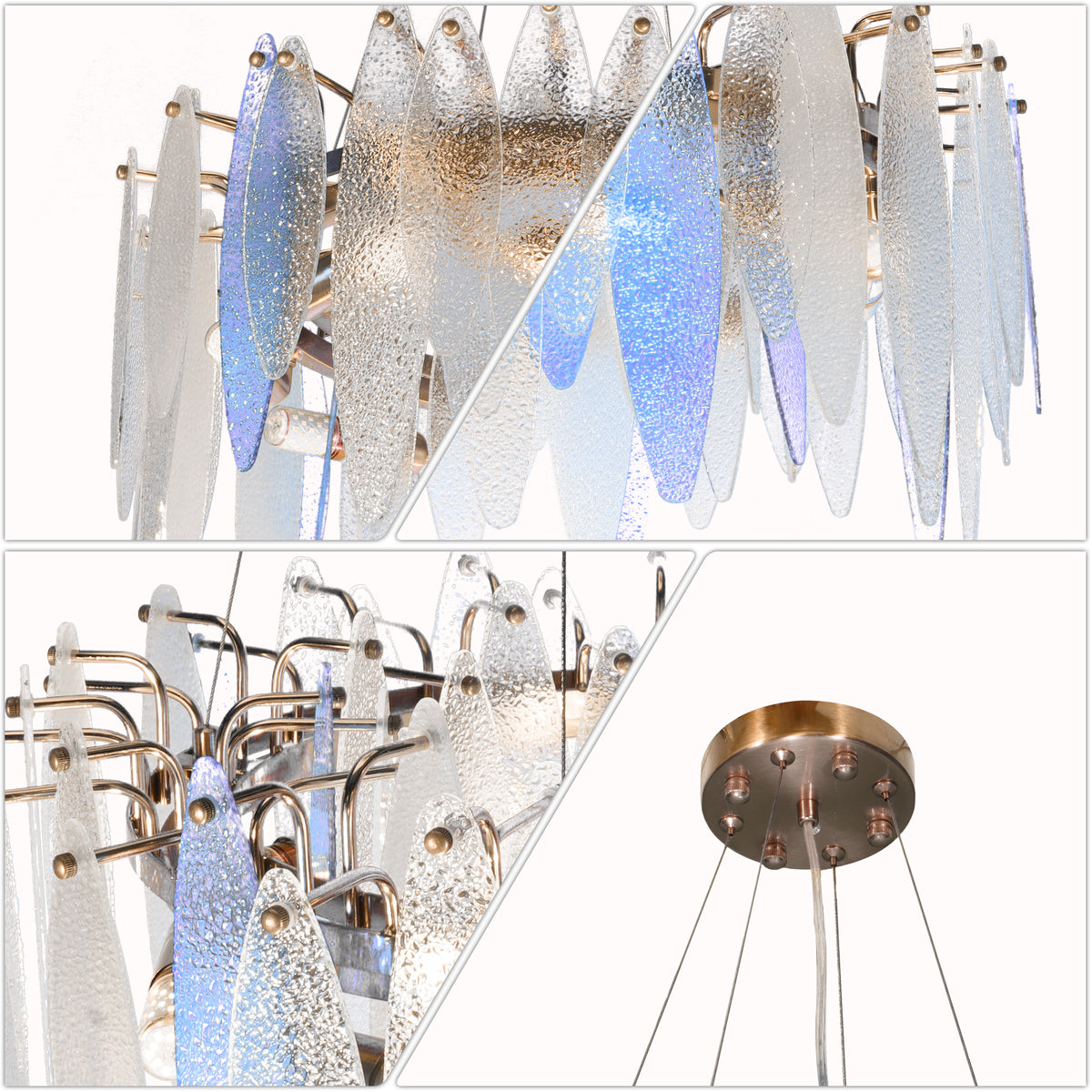 Modern Luxury Blue Gradient Glass Leaf Chandelier - 3-Color Dimmable E14 Pendant Light Gold Frame, Adjustable Height