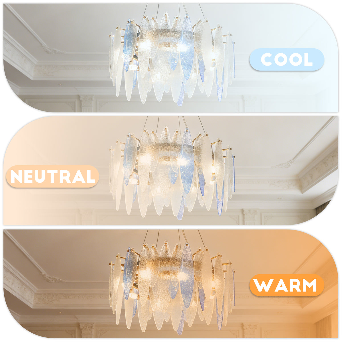 Modern Luxury Blue Gradient Glass Leaf Chandelier - 3-Color Dimmable E14 Pendant Light Gold Frame, Adjustable Height
