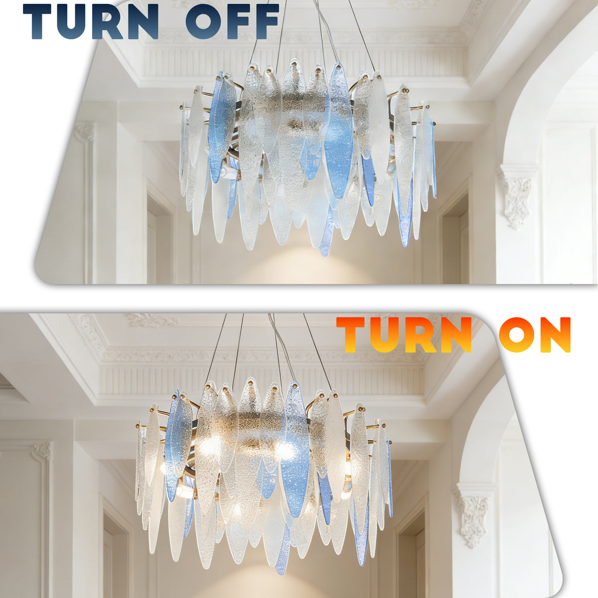 Modern Luxury Blue Gradient Glass Leaf Chandelier - 3-Color Dimmable E14 Pendant Light Gold Frame, Adjustable Height