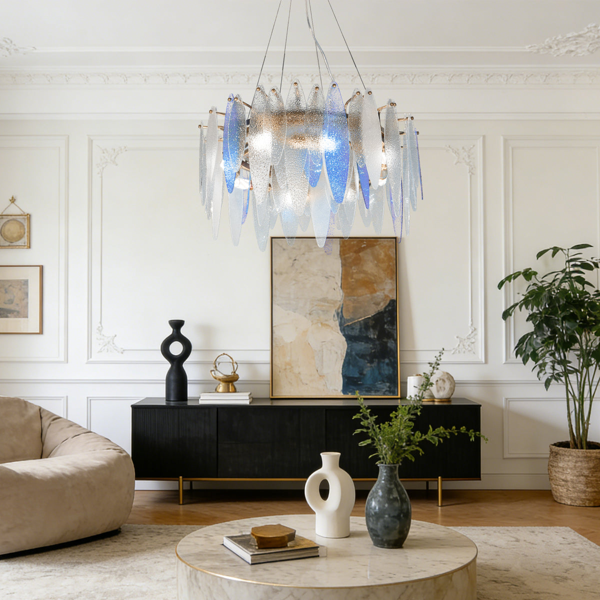 Modern Luxury Blue Gradient Glass Leaf Chandelier - 3-Color Dimmable E14 Pendant Light Gold Frame, Adjustable Height