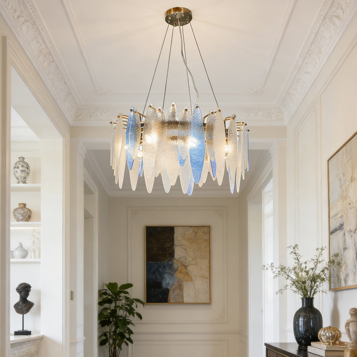 Modern Luxury Blue Gradient Glass Leaf Chandelier - 3-Color Dimmable E14 Pendant Light Gold Frame, Adjustable Height