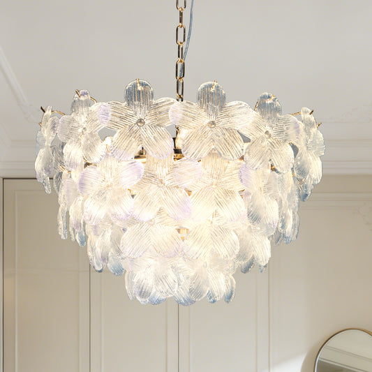 Modern Floral Textured Glass Chandelier, 3-Color Dimmable Pendant Light with Adjustable Chain
