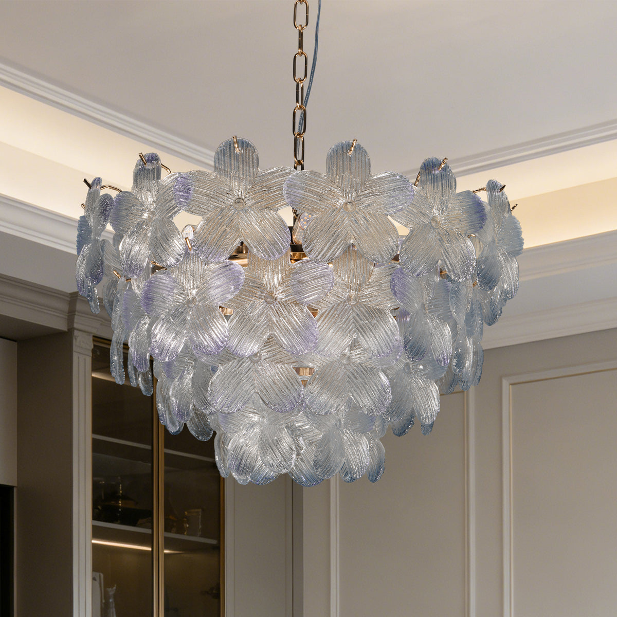Modern Floral Textured Glass Chandelier, 3-Color Dimmable Pendant Light with Adjustable Chain