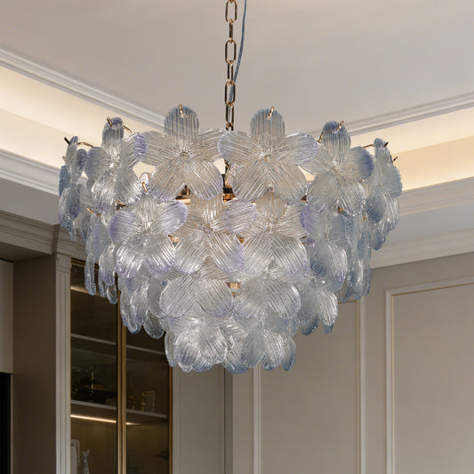 Modern Floral Textured Glass Chandelier, 3-Color Dimmable Pendant Light with Adjustable Chain