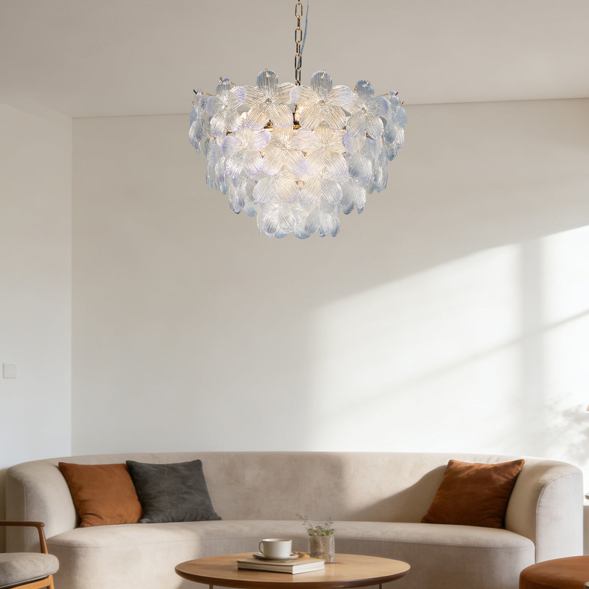 Modern Floral Textured Glass Chandelier, 3-Color Dimmable Pendant Light with Adjustable Chain