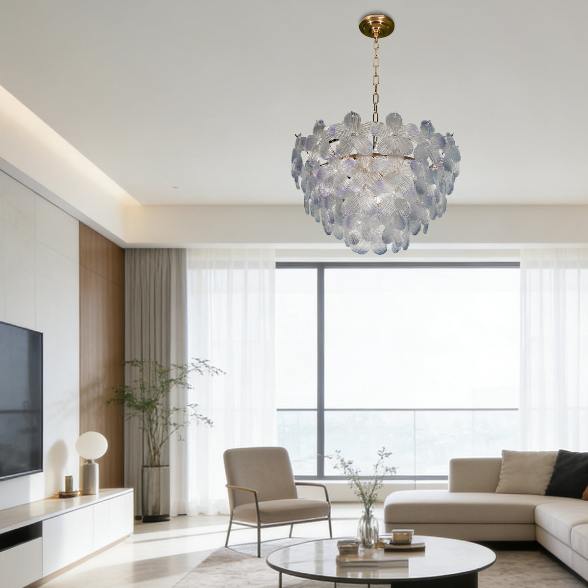 Modern Floral Textured Glass Chandelier, 3-Color Dimmable Pendant Light with Adjustable Chain