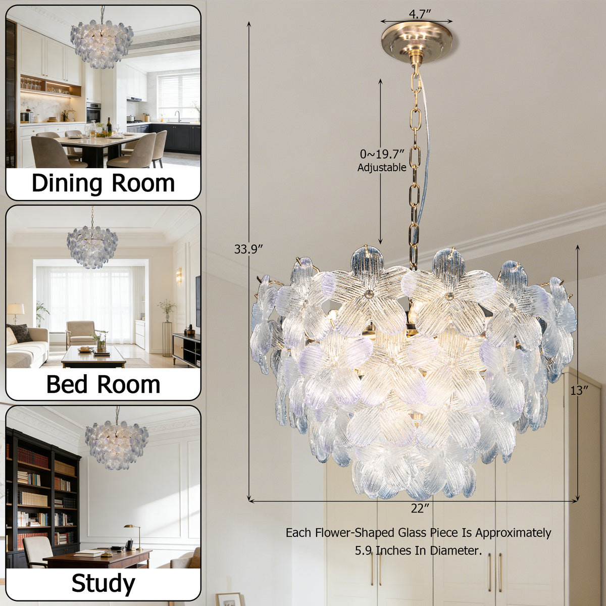 Modern Floral Textured Glass Chandelier, 3-Color Dimmable Pendant Light with Adjustable Chain
