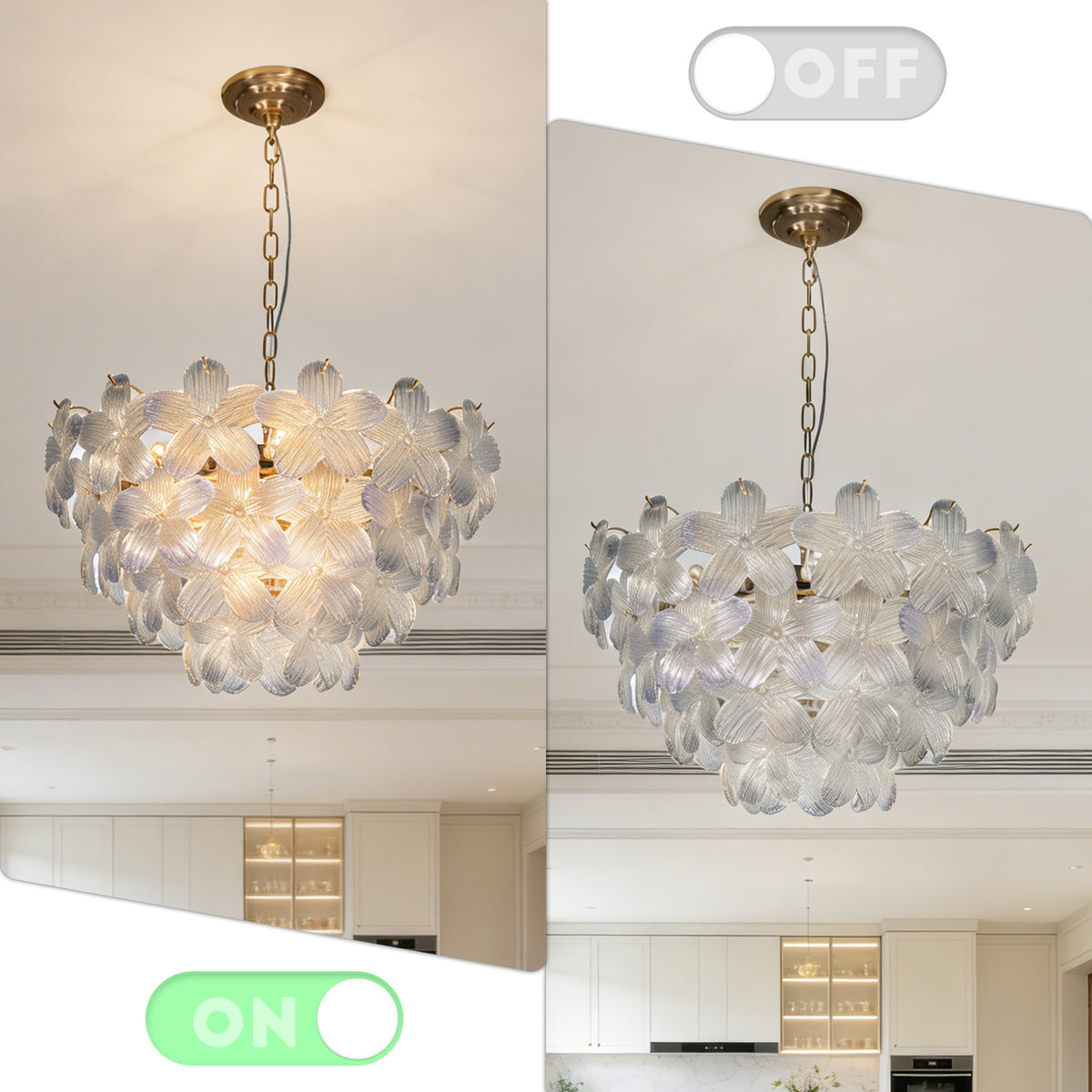 Modern Floral Textured Glass Chandelier, 3-Color Dimmable Pendant Light with Adjustable Chain