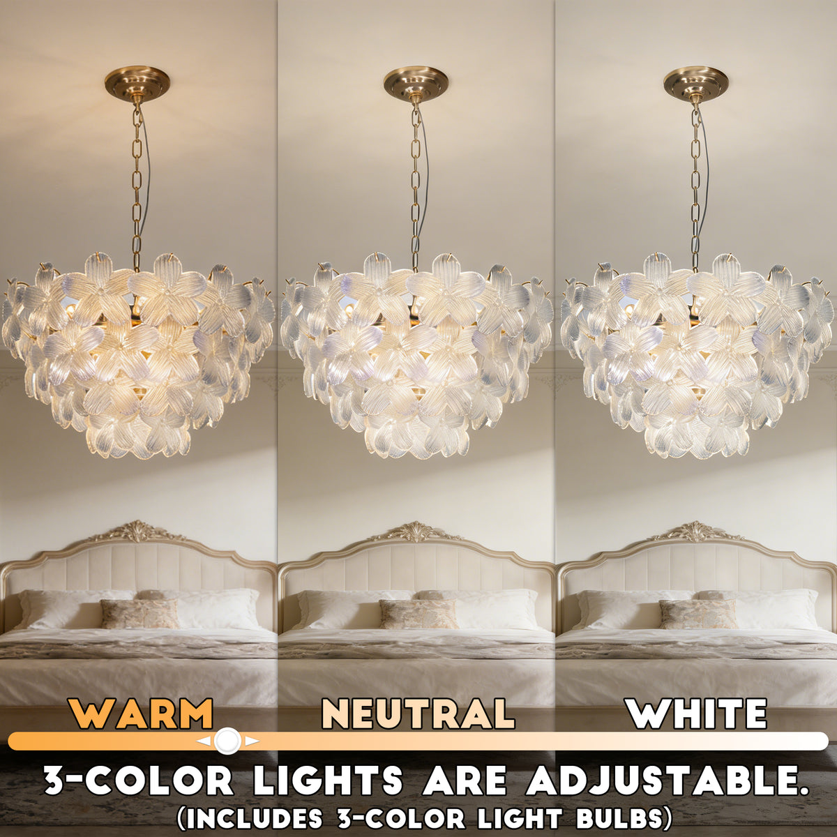 Modern Floral Textured Glass Chandelier, 3-Color Dimmable Pendant Light with Adjustable Chain