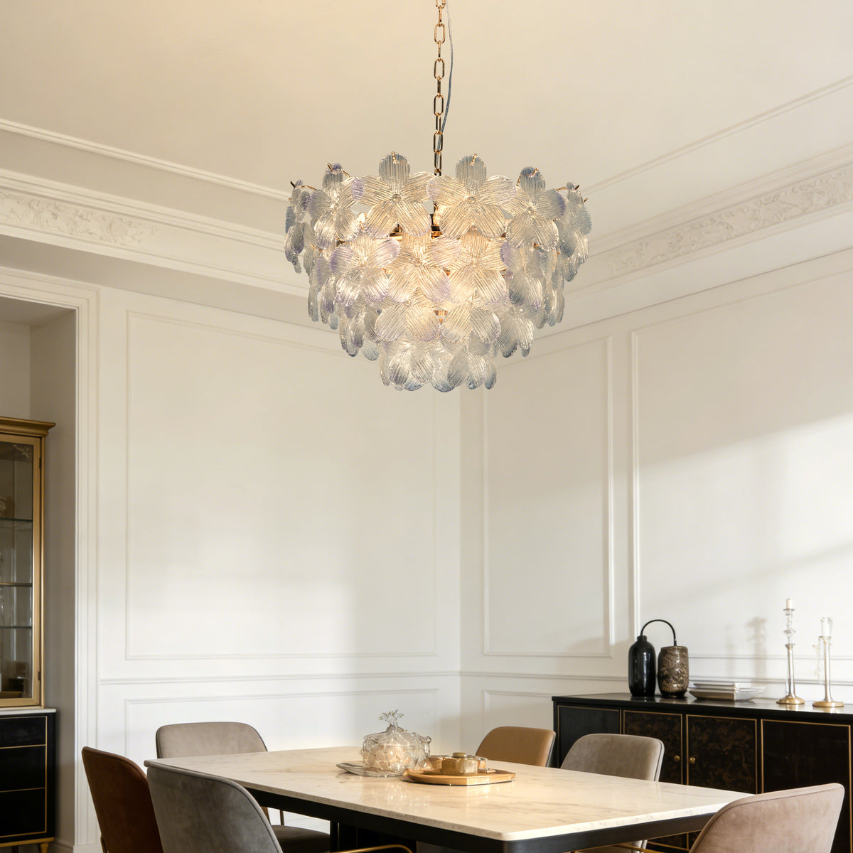 Modern Floral Textured Glass Chandelier, 3-Color Dimmable Pendant Light with Adjustable Chain