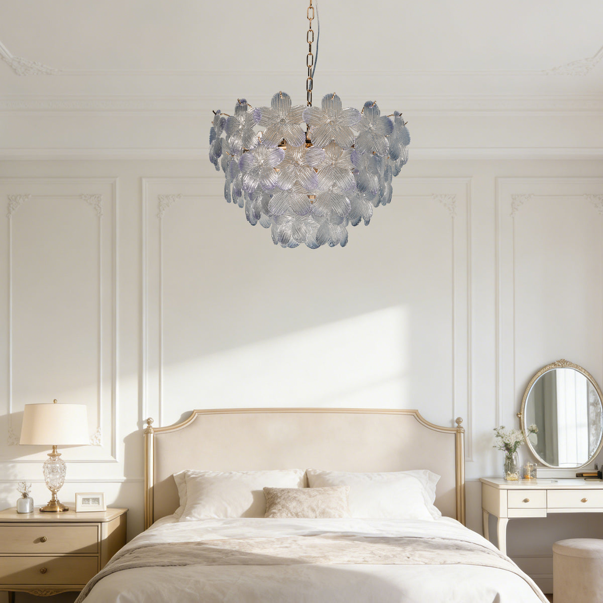 Modern Floral Textured Glass Chandelier, 3-Color Dimmable Pendant Light with Adjustable Chain