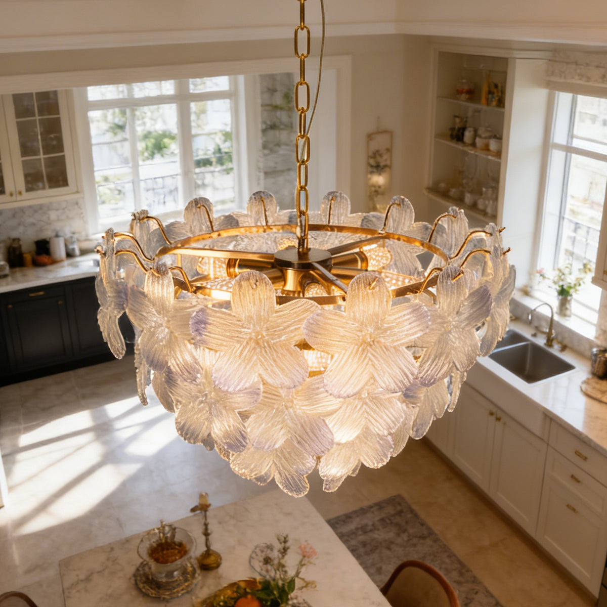 Modern Floral Textured Glass Chandelier, 3-Color Dimmable Pendant Light with Adjustable Chain