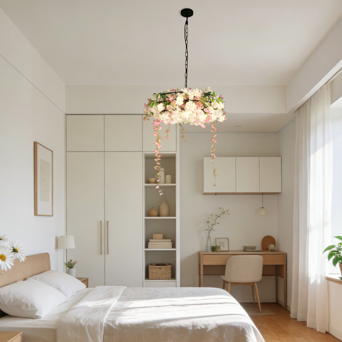 Artificial Cherry Blossom Wisteria Chandelier | 3-Light E26 Adjustable Floral Pendant Light