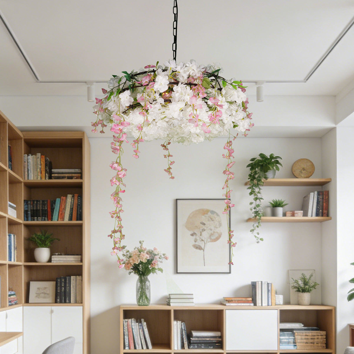 Artificial Cherry Blossom Wisteria Chandelier | 3-Light E26 Adjustable Floral Pendant Light